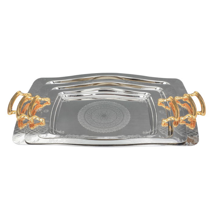 Serving trays set, silver steel embossed with gilded handle, 2 pieces image 1