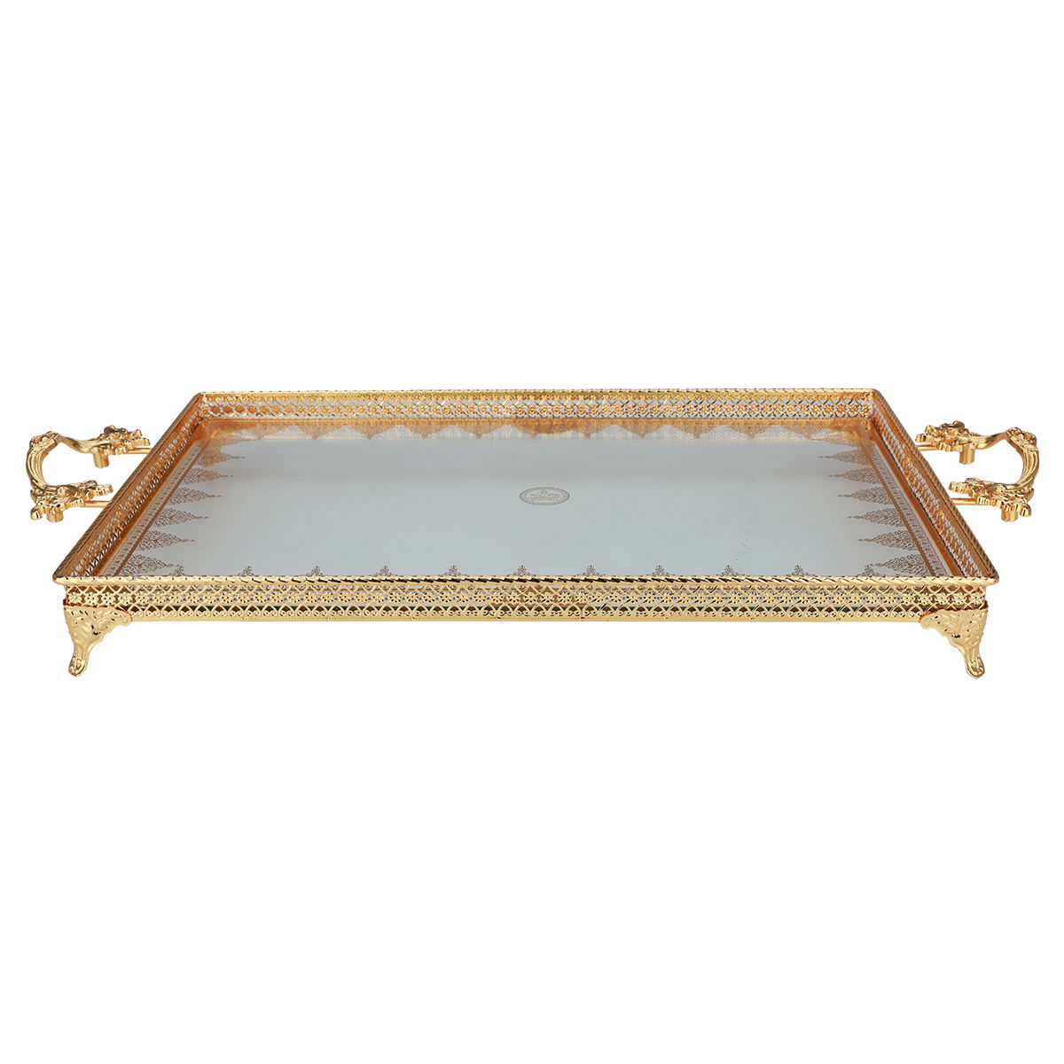 Alsaif Gallery Rectangular Glass Serving Tray, Embossed With Golden Handle