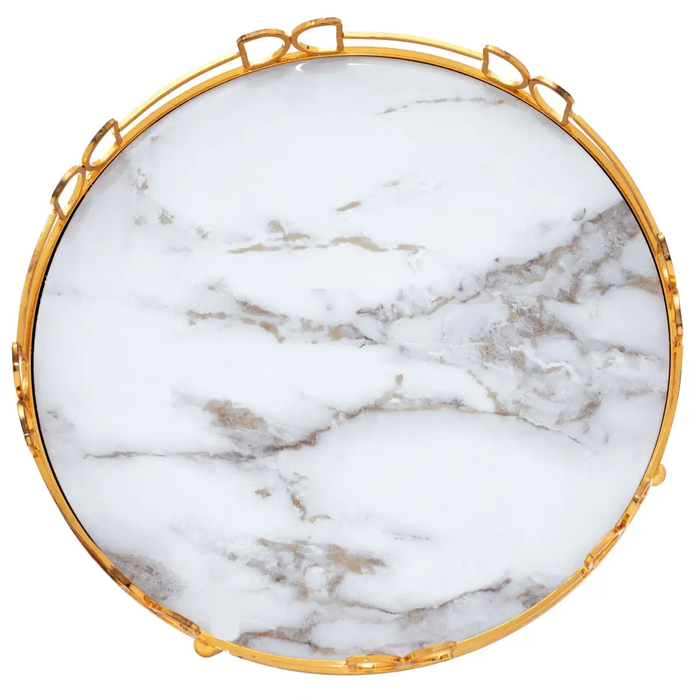 Serving tray, circular white marble with aluminum edges image 1