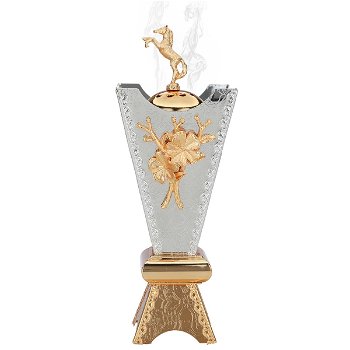 Silver Steel Incense Burner with Golden Rose with Golden Horse Cap and Medium Gold Base image 1