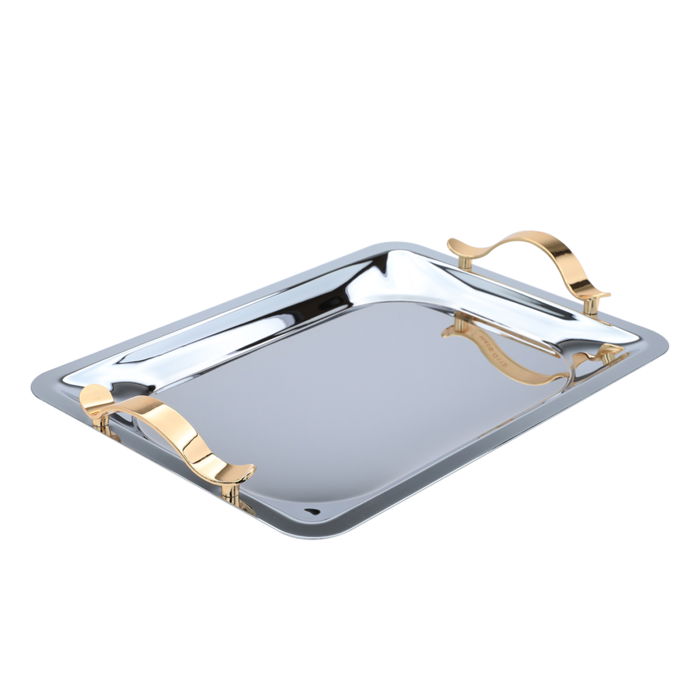 Serving trays set, silver steel with a golden handle, 3 pieces image 2