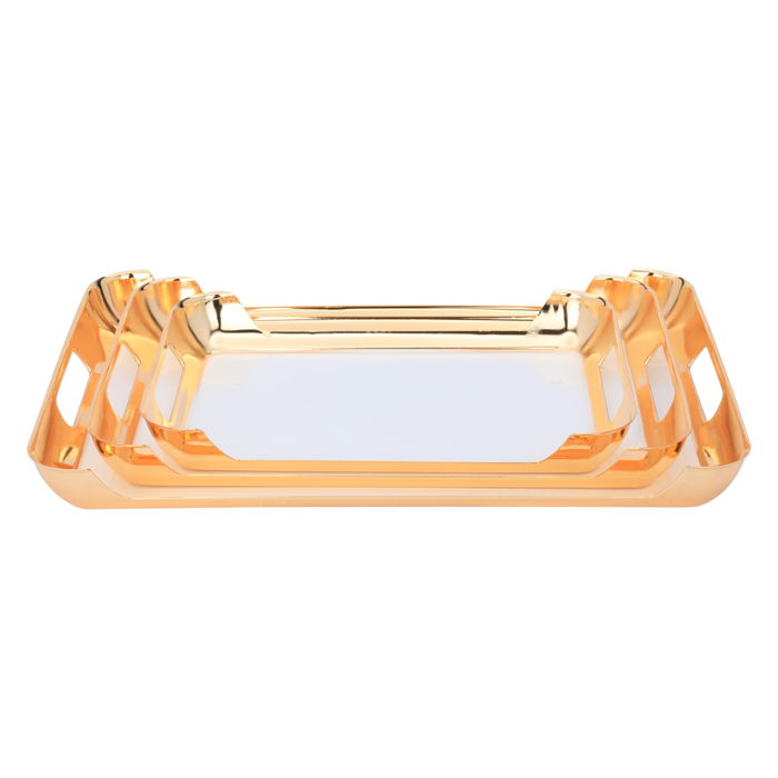 Serving trays set, rectangular white wavy steel with golden edges, 3 pieces image 2