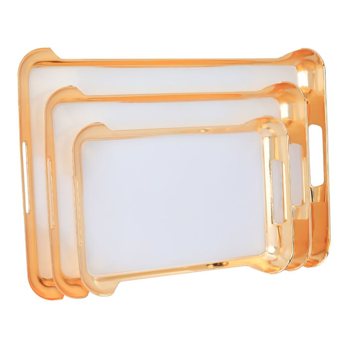 Serving trays set, rectangular white wavy steel with golden edges, 3 pieces image 1