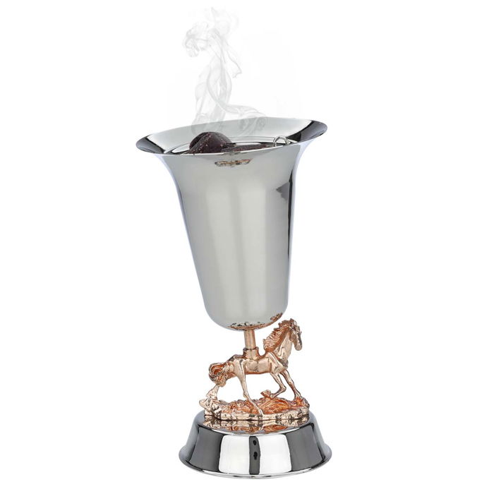Silver shiny steel incense burner with golden horse image 1