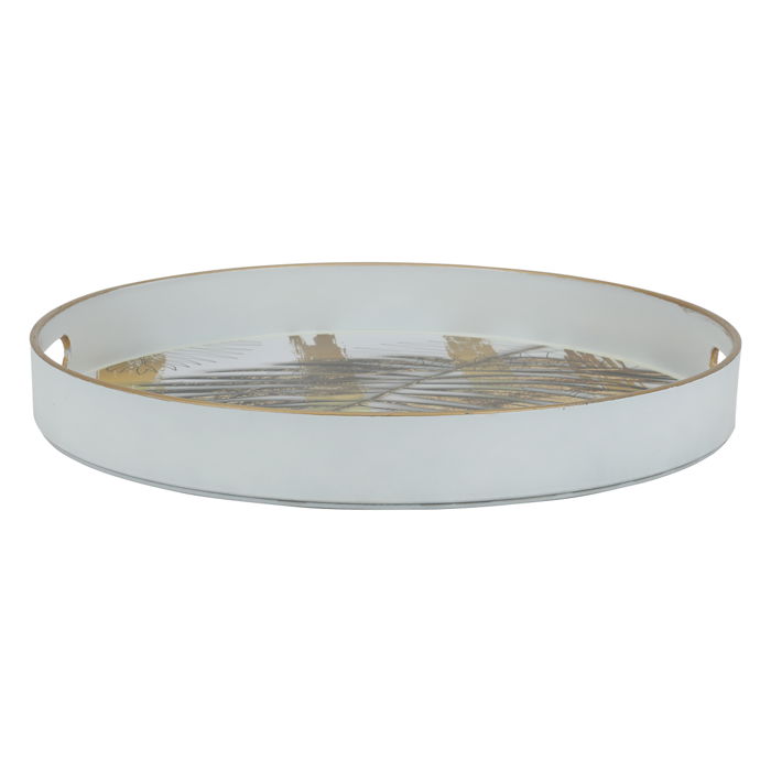 Fiber serving tray, white round with golden leaf pattern image 2