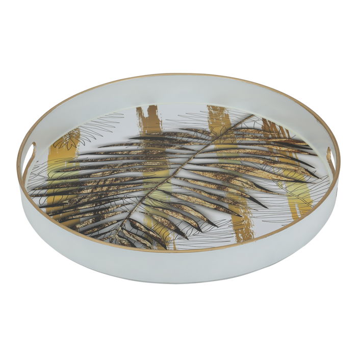 Fiber serving tray, white round with golden leaf pattern image 3