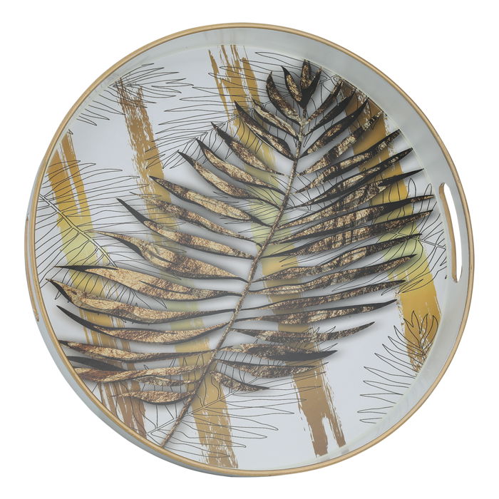 Fiber serving tray, white round with golden leaf pattern image 1