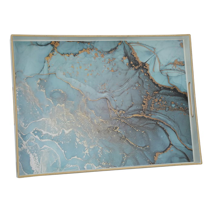 Serving tray, rectangular fiber cyan marble with gold handle image 1