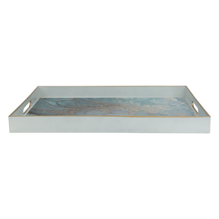 Serving tray, rectangular fiber cyan marble with gold handle image 3