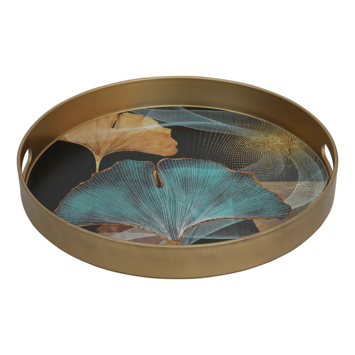 Serving tray, golden circular embossed green fiber image 2