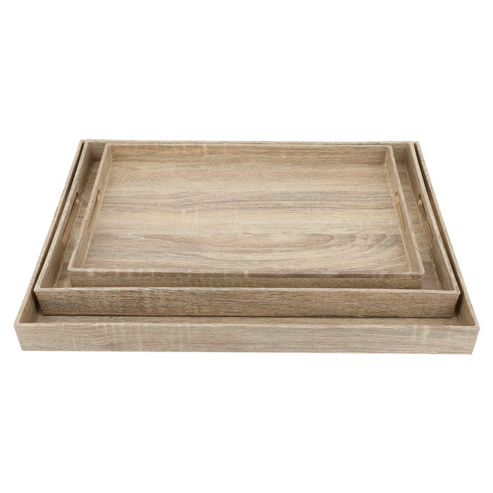 Serving tray set, a light wooden rectangle with a golden handle, 3-pieces image 3