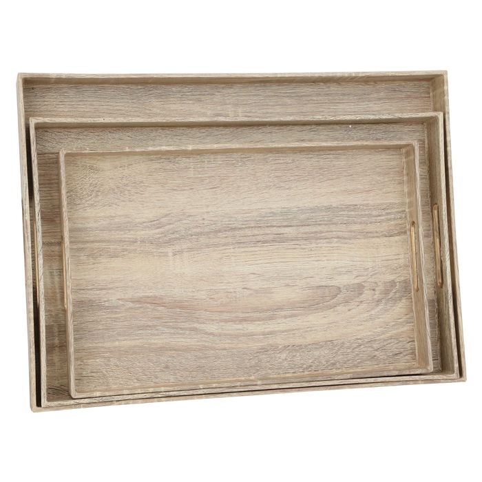 Serving tray set, a light wooden rectangle with a golden handle, 3-pieces image 1