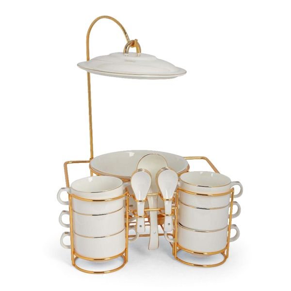 Porcelain white soup set with gold line and golden estand 15s ONEMORE image 2