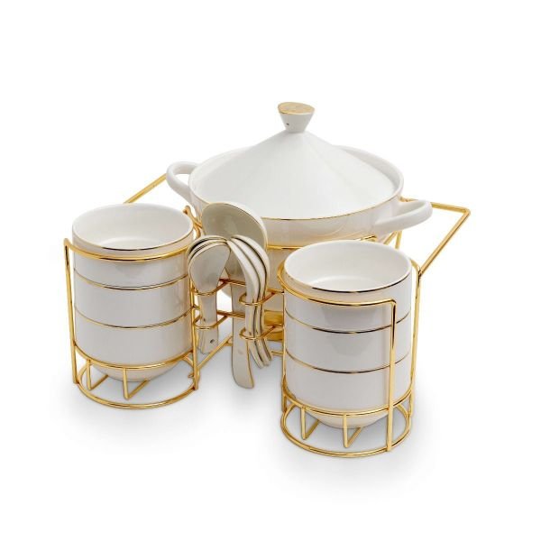Porcelain Soup Set, Golden Basand White, 15 Pieces image 1
