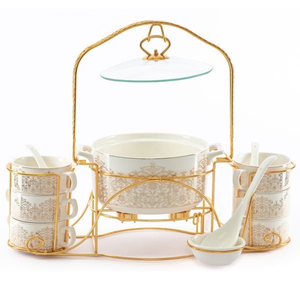 Golden decorative porcelain soup set with golden stand 18 pieces image 1