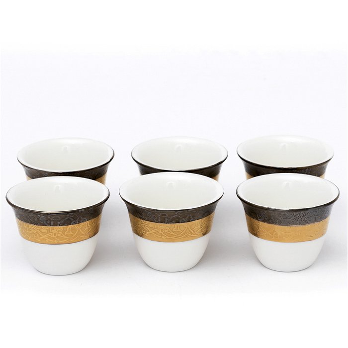 White Arabic Coffee Cups Set Embossed with Silver and Gold Calligraphy 6 Pieces image 1
