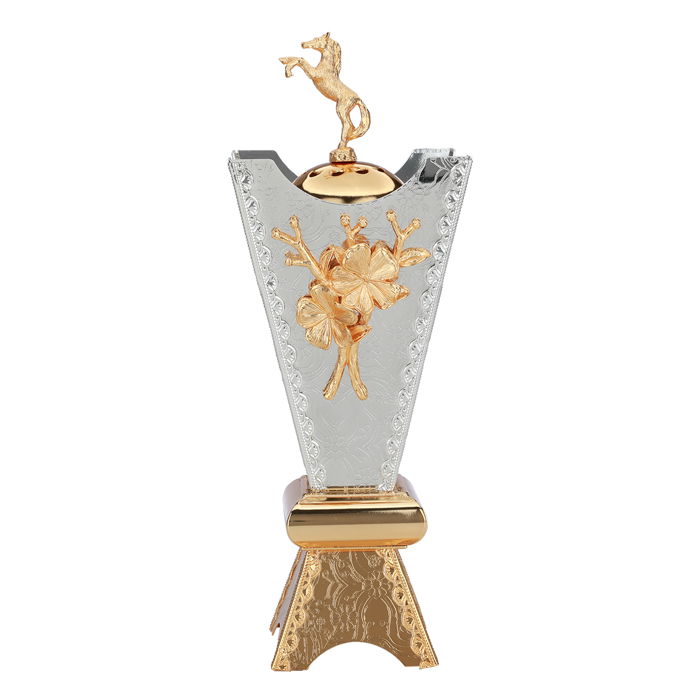 Silver Steel Incense Burner with Golden Rose with Golden Horse Cap and Medium Gold Base image 2
