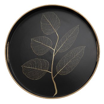 Serving tray, black circular fiber, golden leaf drawing image 3