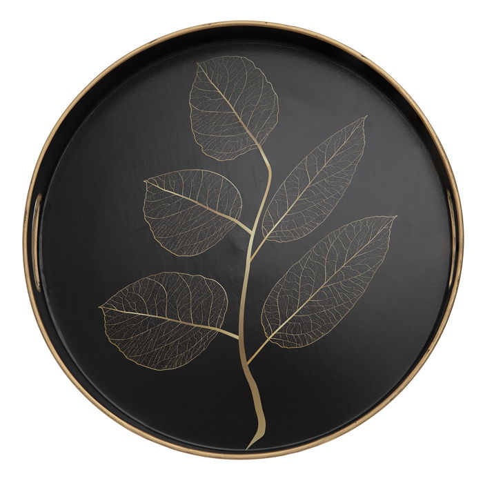 Serving tray, black circular fiber, golden leaf drawing image 3