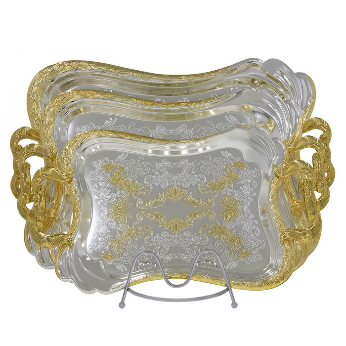 Serving trays set, silver and gold embossed curved steel, 3-pieces image 1