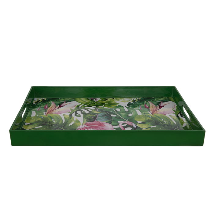 Serving tray, rectangular with green handles, Al Saif Gallery leaf pattern image 3