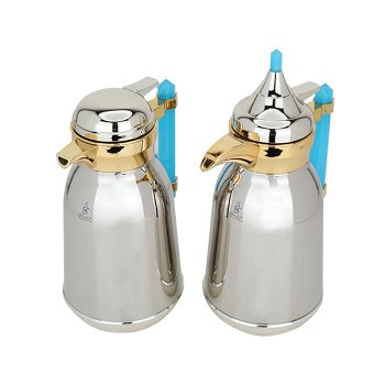 Shahd Thermos set, silver steel, golden mouth, light blue marble handle, two pieces image 2