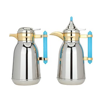 Shahd Thermos set, silver steel, golden mouth, light blue marble handle, two pieces image 1