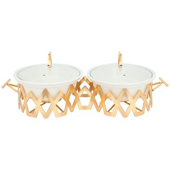 Double Porcelain Heater, Round White With Glass Cover, Gold Stand 12 Inch image 2