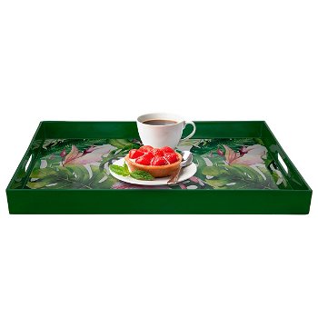 Serving tray, rectangular with green handles, Al Saif Gallery leaf pattern image 1