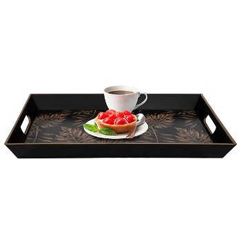 Serving tray, black rectangular fiber with large golden leaves drawing handle image 1