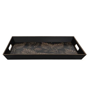 Serving tray, black rectangular fiber with large golden leaves drawing handle image 3