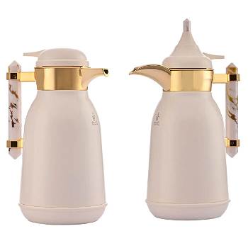 Shahd Thermos, white, gilded line, with white marble handle, 2-pieces image 1