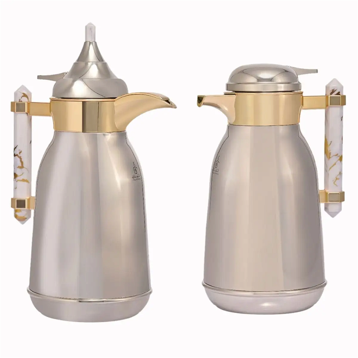 Shahd Thermos, gilded silver steel, with a white marble handle, two pieces image 1