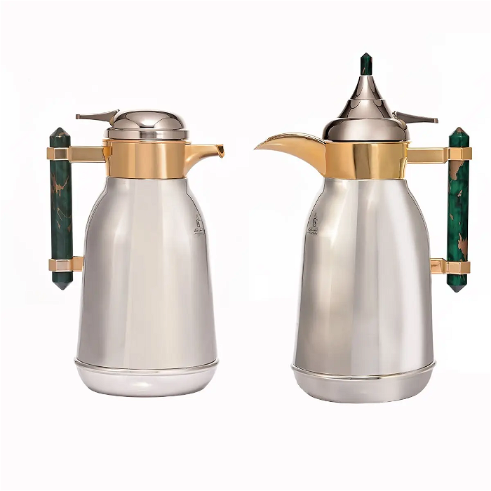 Shahd Thermos, gilded silver steel, with a green marble handle, two pieces image 1